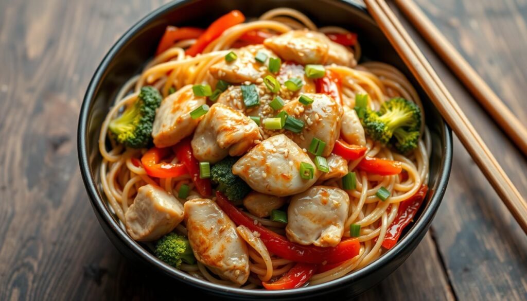 chicken lo mein dish