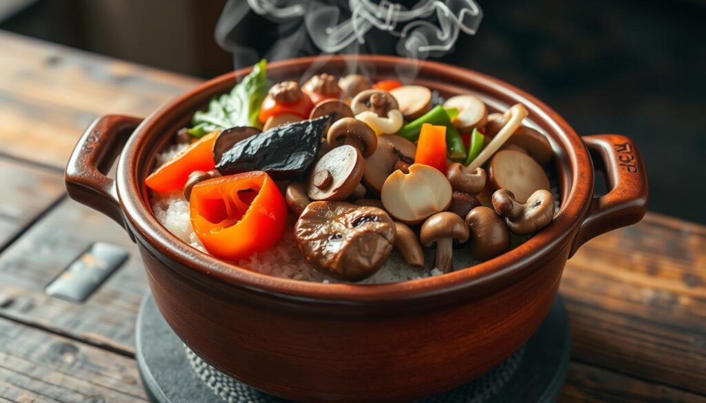 claypot rice with vegetables and mushrooms